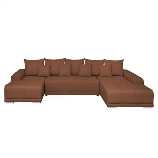 Coltar extensibil MARIBO U, cu arcuri si lada depozitare, colt dreapta, caramiziu, 350x203x90 cm