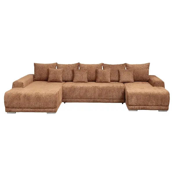Coltar extensibil MARIBO U, cu arcuri si lada depozitare, colt stanga, caramiziu, 350x203x90 cm