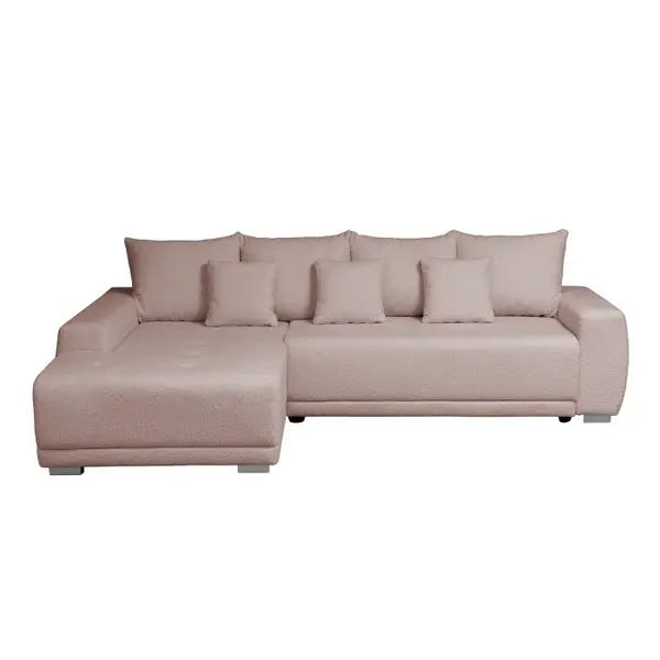 Coltar MARIBO L BUCLE extensibil, cu arcuri si lada depozitare, colt stanga, roz prafuit, 282x205x92 cm