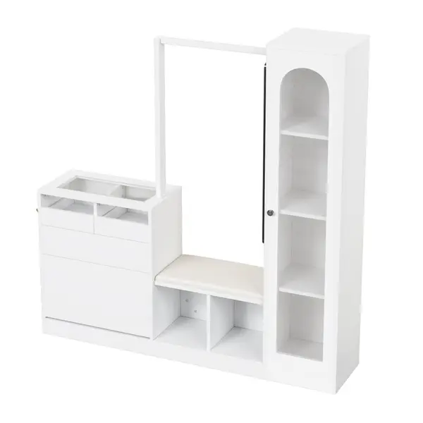 Combinație 6-în-1 pentru intrare cu iluminare LED, set cuier, masă de toaletă, bancă pentru pantofi, dulap rabatabil pentru pantofi și vitrină din sticlă, 163x35x161 cm, Alb