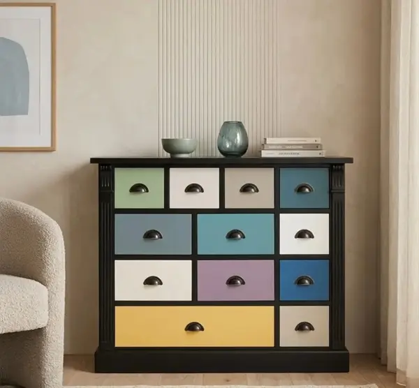 Comoda cu 12 sertare, Colectia Directoire cu finisaj Black/Multicolor