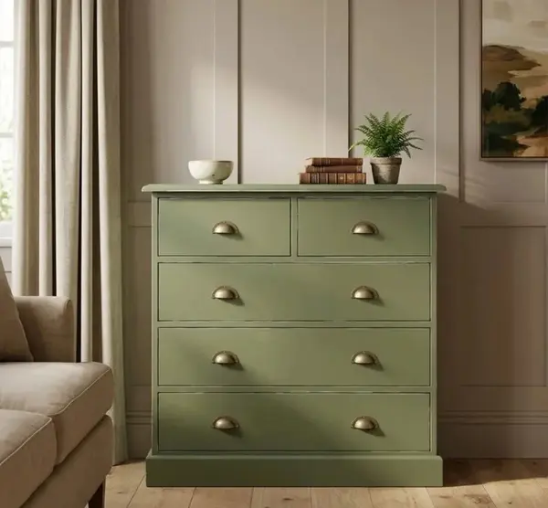 Comoda cu 2 sertare inguste + 3 sertare largi cu finisaj Olive Drab Antic