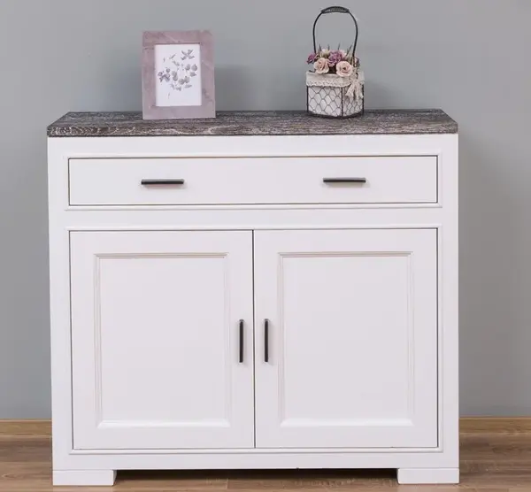 Comoda cu 2 usi si 1 sertar 'Pure', blat stejar, sertar pe sina metalica cu finisaj Signal White Antic / Slate Grey