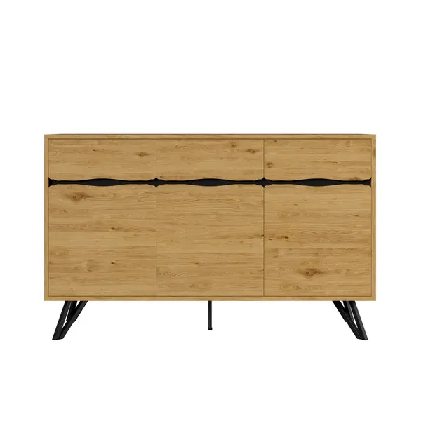 Comodă cu 3 uși, picioare metalice, mult spațiu de depozitare, 140x40x75,5 cm, Culoare naturală