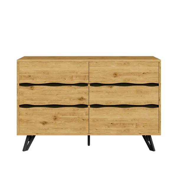Comodă cu 6 sertare, picioare metalice, mult spațiu de depozitare, 120x40x75,5 cm, Culoare naturală