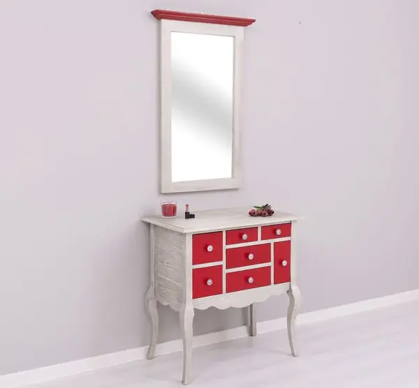 Comoda cu picioare curbate si 7 sertare multicolor + oglinda - Culoare Corp_P090 - Culoare Sertare_P047 - Culoare Cornisa_P047 - cu finisaj Periat adanc