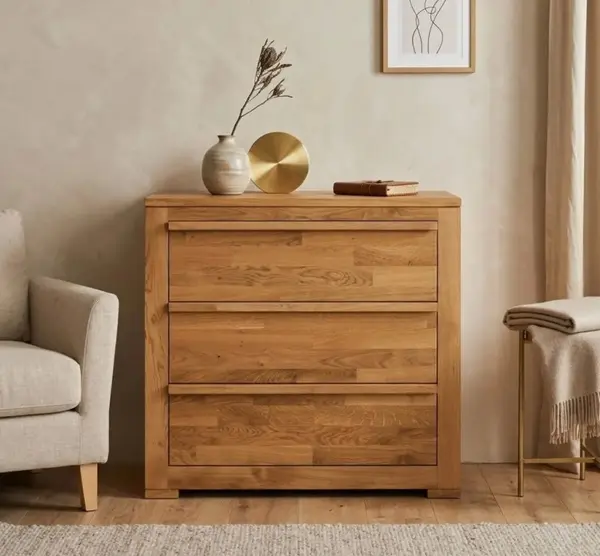 Comoda cu trei sertare 'Wild Oak', sertare pe sine metalice cu finisaj Golden Brown