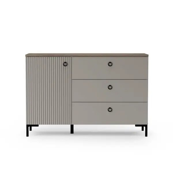 Comoda DOMINICA, 1 usa, 3 sertare, taupe + stejar silverjack, 120x41x81 cm