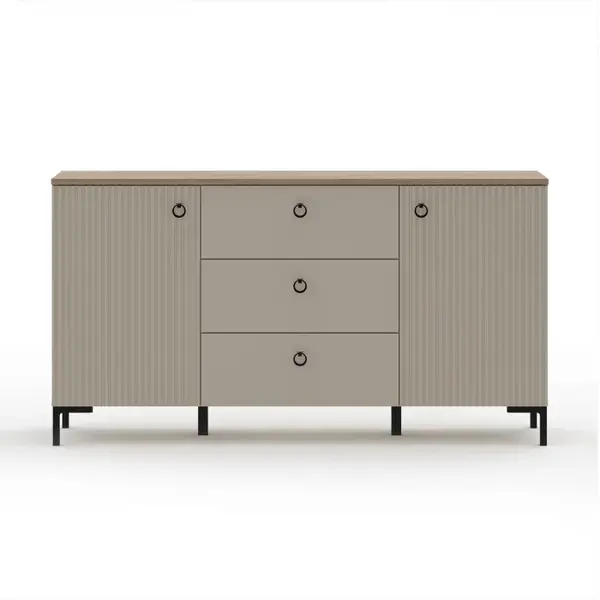 Comoda DOMINICA, 2 usi, 3 sertare, taupe + stejar silverjack, 150x41x81 cm