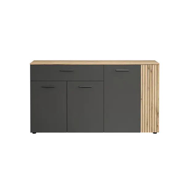 Comoda ESTEBAN, 4 usi, 1 sertar, grafit + stejar evok, 150x42x83 cm