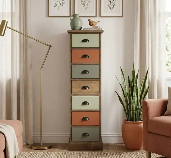 Comoda ingusta cu 7 sertare cu finisaj Stone Brown/Multicolor