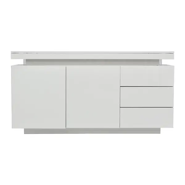 Comodă modernă cu finisaj lucios, fronturi fără mânere, 2 uși și 3 sertare, 140x35x72,5 cm, Alb