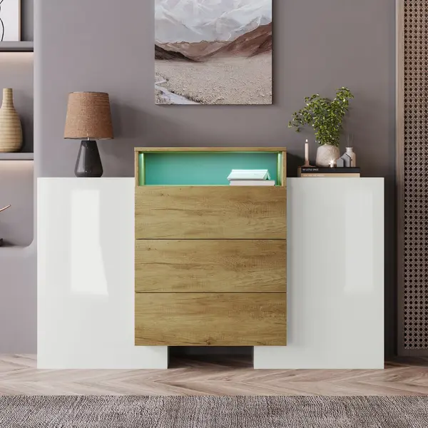 Comodă Modernă cu LED Multicolor, Alb+Culoare naturală | Aosom Romania