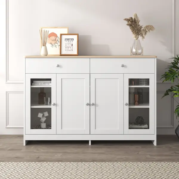 Comodă modernă cu suprafață din lemn, Alb+Culoare naturală | Aosom Romania