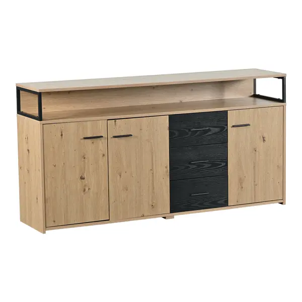 Comoda Modernă cu Trei Uși și Trei Sertare, Mobilă Multifuncțională pentru Bucătărie și Birou, Mânere din Metal, 150x35x75,9 cm, Negru Maro