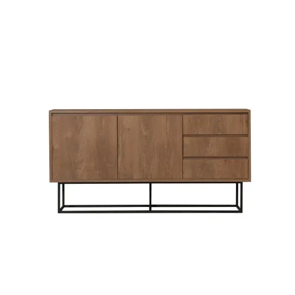 Comoda RUBA, 2 usi, 3 sertare, 4 rafturi, nuc + negru, 140x36x72 cm