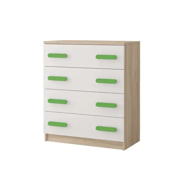 Comoda SMYK III - 02, 4 sertare, corp sonoma, front alb, verde, 80x40x93 cm