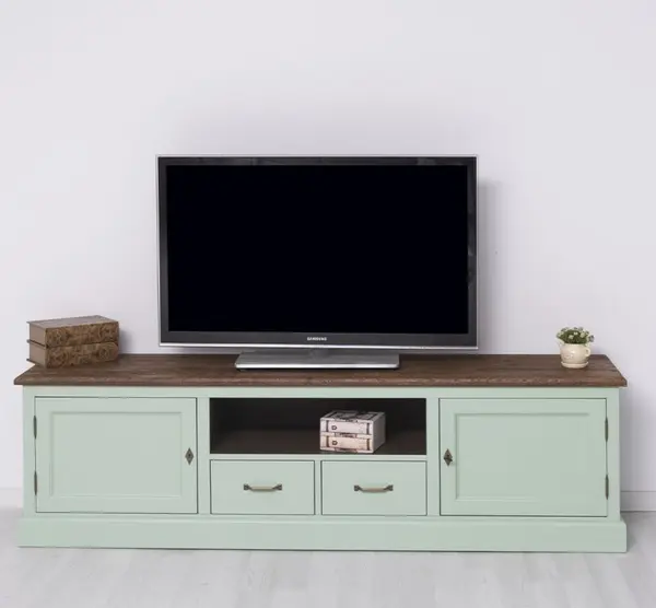 Comoda TV 2 sertare cu sine 2 usi BAS, blat stejar - Culoare Top_P064 - Culoare Ext._P092 / Culoare Int._P086 - TRIPLU COLOR cu finisaj Deep Brushed (Top plate)