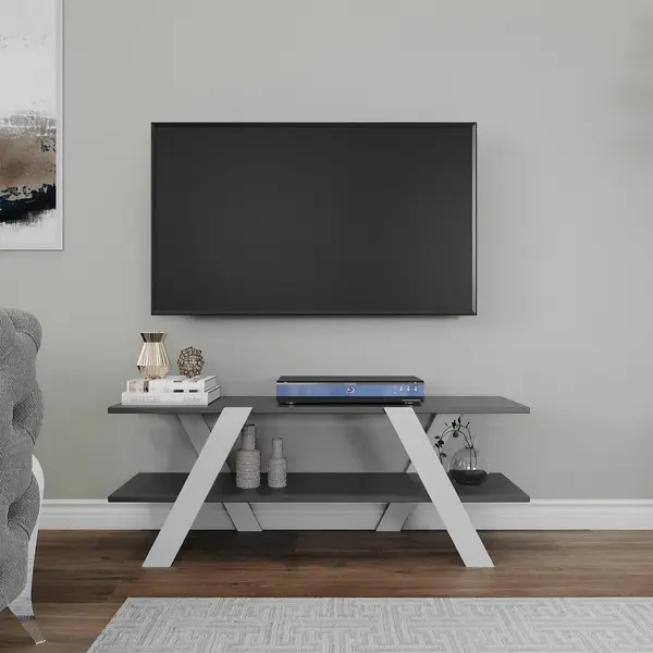 Comoda Tv April, Gri - Alb - Antracit - Nuc, 120x45x33 cm