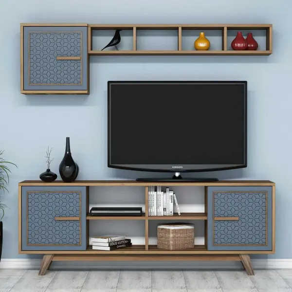 Comoda TV Ayla - Walnut, Blue