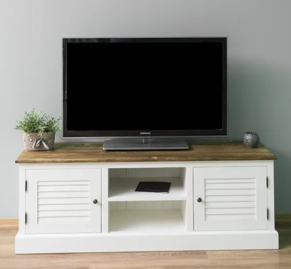 Comoda TV, Colectia Shutter cu finisaj Signal White/Chestnut Brown