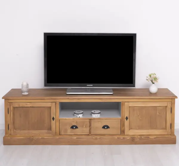 Comoda TV cu 2 sertare, 2 usi, BAS cu finisaj Walnut Waxed/Cool Grey