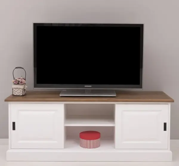Comoda TV cu 2 usi glisante cu finisaj White/Walnut Waxed
