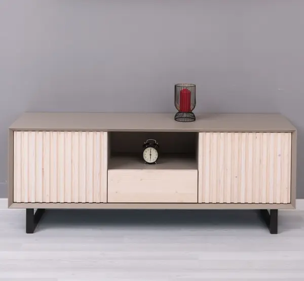 Comoda TV cu 2 usi si 1 sertar 'Slatted' cu finisaj Dim Gray/Natural White