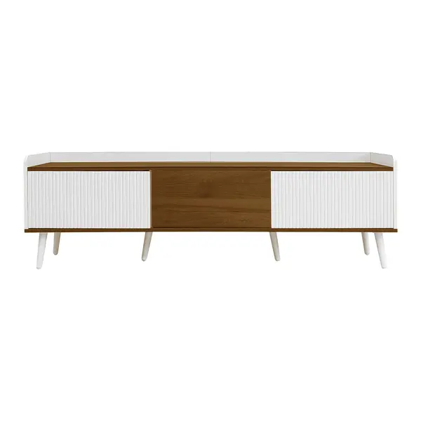 Comodă TV cu 3 uși, picioare din lemn și margine înaltă, 160x39x49,5 cm, Culoare naturală+Alb