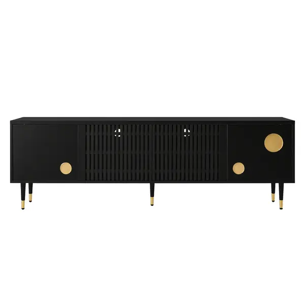 Comodă TV cu front din plasă metalică și accente aurii, 4 uși, 170x36x54 cm, Negru