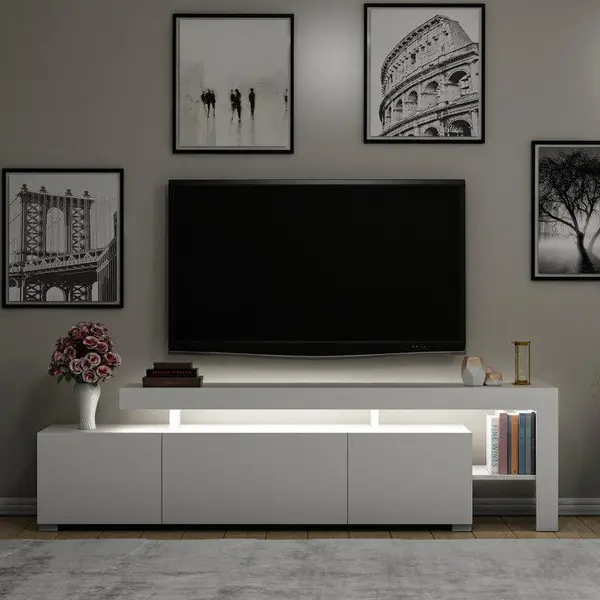 Comoda TV cu Led Beliz, Alb - Antracit - Nuc, 192x53x37 cm