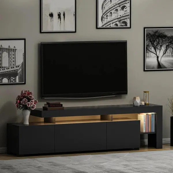 Comoda TV cu Led Beliz, Alb - Antracit - Nuc, 192x53x37 cm
