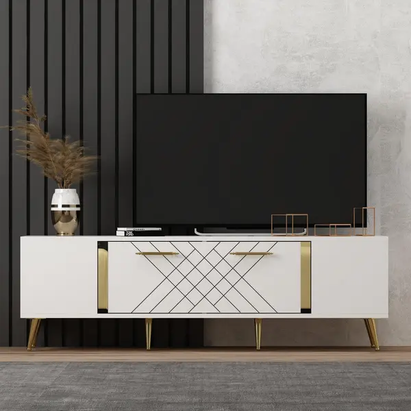 Comoda Tv Detas - White, Gold, Alb, 150x48x35 cm