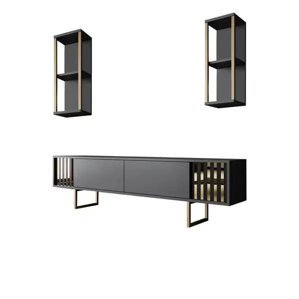 Comoda TV GOLD LINE, cu rafturi de perete, antracit + negru, 180x30x48 cm