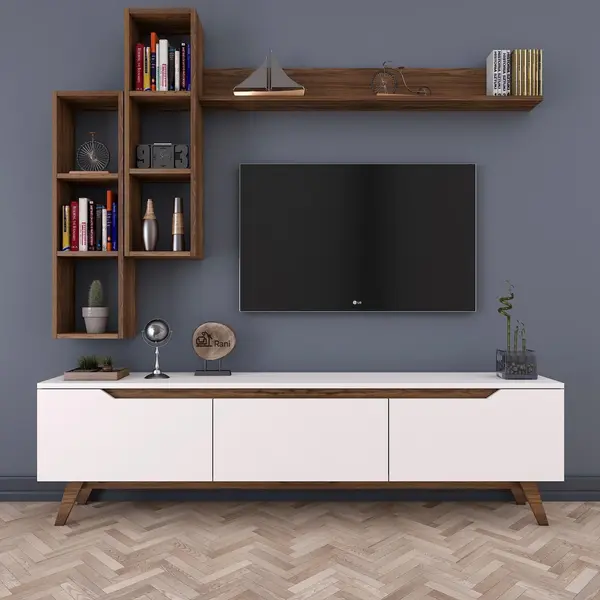 Comoda tv Hirvat cu biblioteca elegant, Alb - Nuc, 180x49x35 cm