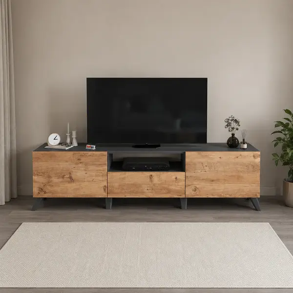 Comoda TV living 60 x 31,8 x 44,8 cm cm, 2 usi rabatabile soft-close, PAL melaminat 18 mm clasa E1, stil scandinav