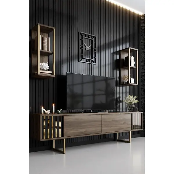 Comoda Tv Lux Gold Line Tv Stand Stylish, Alb - Nuc - Gri, 180x48x30 cm