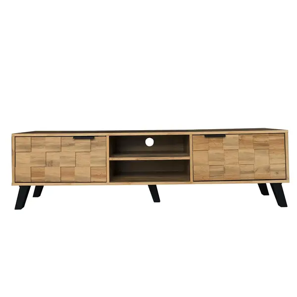 Comodă TV modernă cu 2 uși și 2 rafturi deschise, spațiu de depozitare generos, 160,5x35,5x45 cm, Culoare naturală