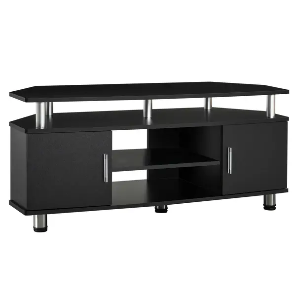 Comoda TV moderna HOMCOM, cu 2 compartimente inchise, raft, blat, benzi antiderapante, picioare din otel inox, din lemn, negru | Aosom Romania