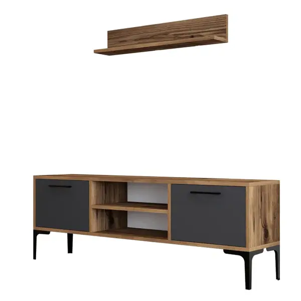 Comoda TV RIGA, cu raft suspendat, nuc + antracit, 140x30x48 cm