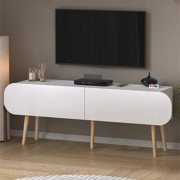 Comoda TV Sicily 120 cm, cu 2 usi rabatabile push-to-open, PAL melaminat 18 mm clasa E1, suport TV pana la 55 inch, blat 50 kg, design stil modern scandinav