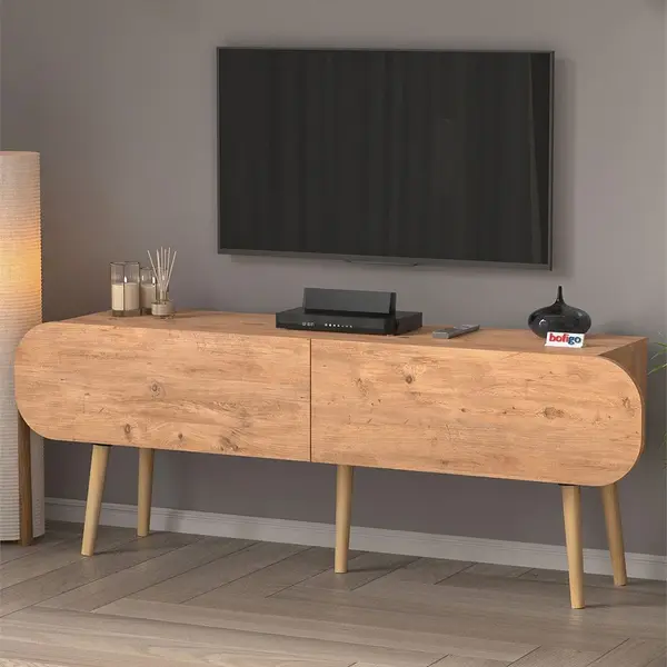 Comoda TV Sicily 120 cm, cu 2 usi rabatabile push-to-open, PAL melaminat 18 mm clasa E1, suport TV pana la 55 inch, blat 50 kg, design stil modern scandinav