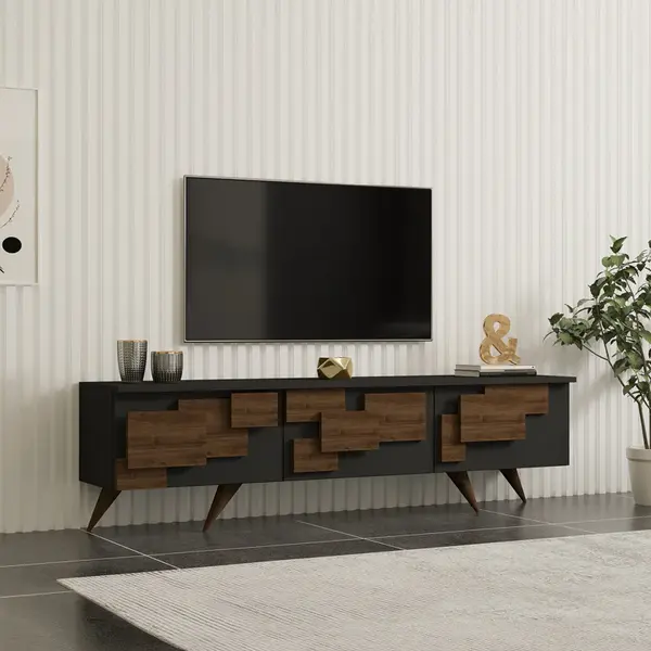 Comoda TV Trida, Antracit-Nuc - Negru-Stejar, 160x35x45 cm
