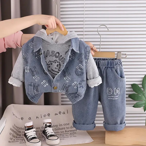 Compleu Băieți 3 Piese Gri – Vestă Denim, Hanorac și Blugi - 3-4 ani