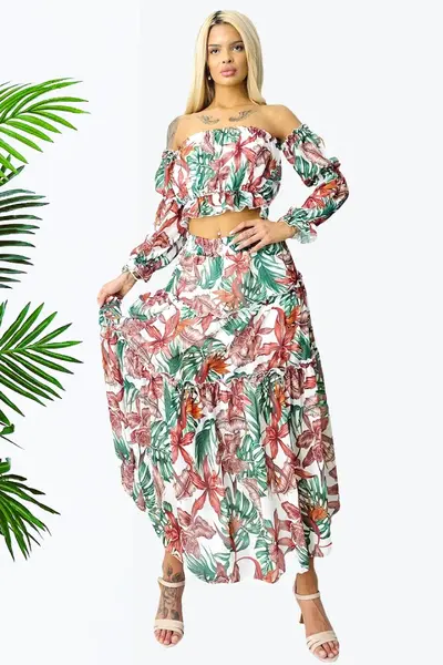 Compleu Bernolda, fusta vaporoasa si camasa cu umerii goi, Strelitzia, Masura S/M/L