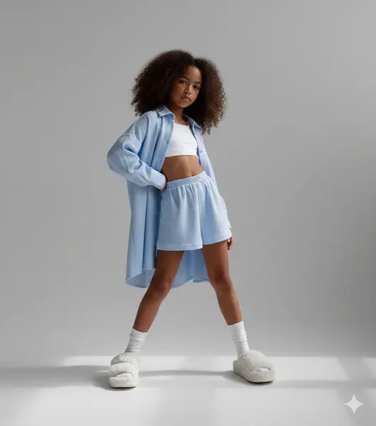 Compleu bleu din muselina cu pantaloni scurti si camasa oversize pentru fete - Defne