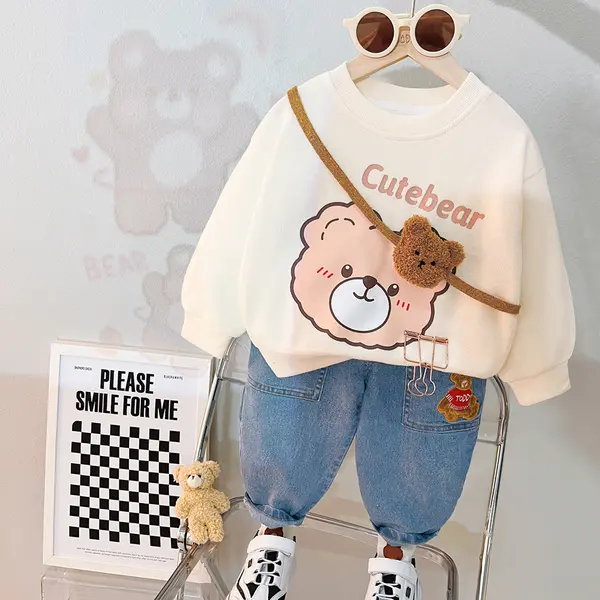 Compleu Bluza Crem si Pantaloni Albastri Cute Bear - 12-18 luni