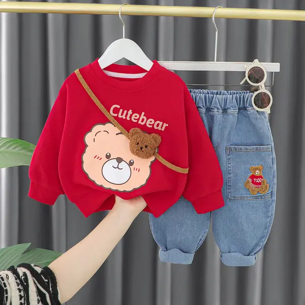 Compleu Bluza Rosie si Pantaloni Albastri Cute Bear - 9-12 luni