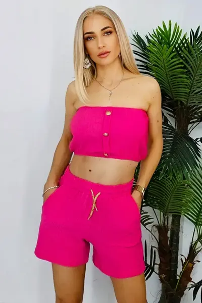 Compleu bumbac Eclipsing, cu pantaloni scurti si top cu detalii aurii metalice, Fucsia