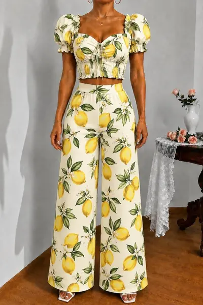 Compleu casual BRISEA, cu top scurt, bufant si pantaloni evazati, Lemon Print